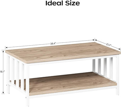 Coffee Table for Living Room with Slatted Sides Frame, Modern Farmhouse Living Room Table with 2-Tier Storage Shelf for Home Office, Apartment, 39 inch, Light Coffee