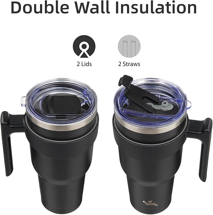 30 oz Tumbler with Handle and 2 Straw 2 Lid, Insulated Water Bottle Stainless Steel Vacuum Cup Reusable Travel Mug,Black