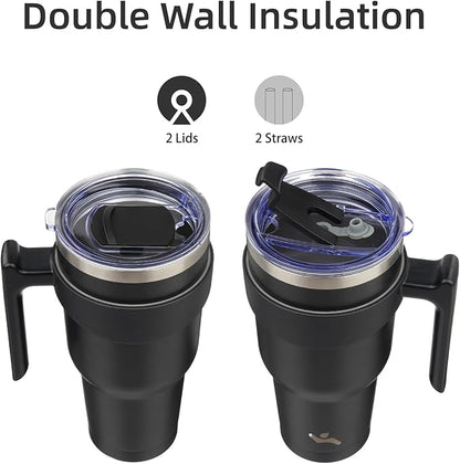 30 oz Tumbler with Handle and 2 Straw 2 Lid, Insulated Water Bottle Stainless Steel Vacuum Cup Reusable Travel Mug,Black