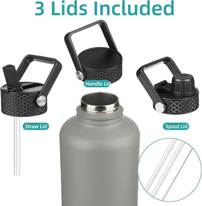 Insulated Water Bottle with Straw,50 oz 3 Lids Water Jug with Carrying Bag,Paracord Handle,Double Wall Vacuum Stainless Steel Metal Flask,Gray