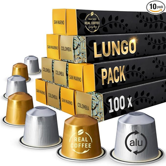 Lungo Variety Pack for Nespresso | 100 Test Winning Aluminum Capsules | 2 Smooth Italian Flavors ‘San Marino’ and ‘Colombia’ | 100% Nespresso Compatible Pods