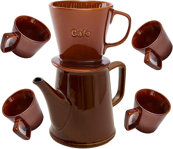 Wild Lily's Spring 22 Oz Vintage Ceramic Pour Over Coffee Maker Set with 4 Coffee Mugs, Ceramic Coffee Pot & 3-Hole Dripper Set, Perfect for 3-4 People at Home, in Cafés and Restaurants (Caramel)