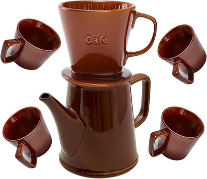 Wild Lily's Spring 22 Oz Vintage Ceramic Pour Over Coffee Maker Set with 4 Coffee Mugs, Ceramic Coffee Pot & 3-Hole Dripper Set, Perfect for 3-4 People at Home, in Cafés and Restaurants (Caramel)