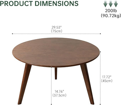100% Solid Oak Wood Mini Coffee Table, Round Side Table w/Solid Wood Legs, Walnut Mid Century Coffee Table w/Sturdy Frame for Bedroom Balcony Living Room (29.53" D x 17.72" H)