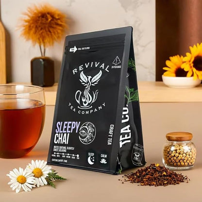 Revival Tea Company Sleepy Chai Tea - Rooibos Chai Tea Red Tea Blend with Valerian Root and Fresh Spiced Chai Flavor - Caffeine Free - Loose Leaf 8 Ounces