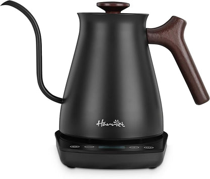 Harriet Gooseneck Electric Kettle - 1200W Fast Heat, 0.8L Stainless Steel, Precision Temp Control & Timer, Wood Handle, Pour Over Coffee and Tea, Black