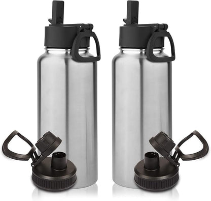 Volhoply 32 oz Water Bottles Bulk 2 Pack with Straw Lid & Spout Lid,Insulated Sports Water Bottle,Double Wall Vacuum Stainless Steel Cups,Leakproof Wide Mouth Metal Flask for Travel(Silver,2)