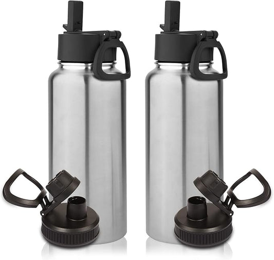 Volhoply 32 oz Water Bottles Bulk 2 Pack with Straw Lid & Spout Lid,Insulated Sports Water Bottle,Double Wall Vacuum Stainless Steel Cups,Leakproof Wide Mouth Metal Flask for Travel(Silver,2)