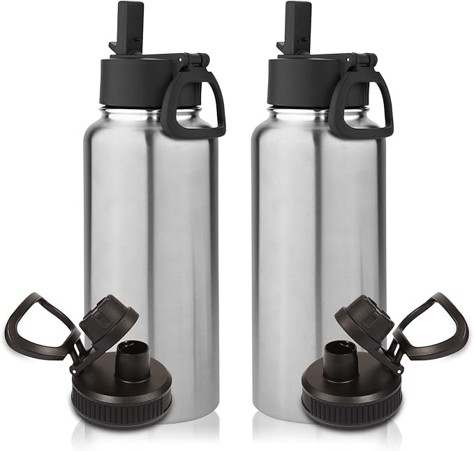 Volhoply 32 oz Water Bottles Bulk 2 Pack with Straw Lid & Spout Lid,Insulated Sports Water Bottle,Double Wall Vacuum Stainless Steel Cups,Leakproof Wide Mouth Metal Flask for Travel(Silver,2)