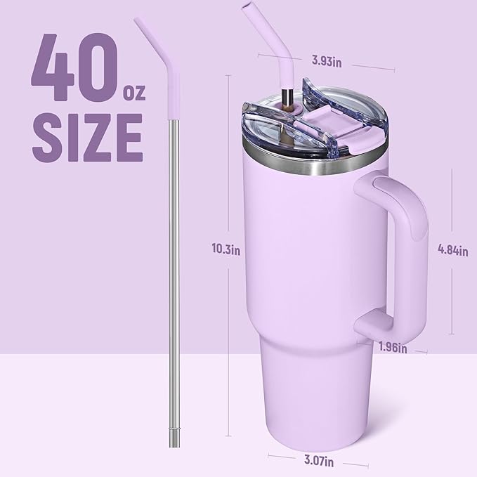 COKTIK 40 oz Tumbler With Handle and Straw Lid, Vacuum Insulated Travel Coffee Mug Stainless Steel Insulated Cup for Beverages, Leak-proof, Cupholder Friendly (Lavender)