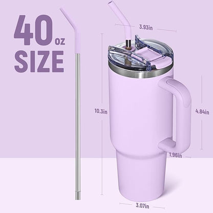 COKTIK 40 oz Tumbler With Handle and Straw Lid, Vacuum Insulated Travel Coffee Mug Stainless Steel Insulated Cup for Beverages, Leak-proof, Cupholder Friendly (Lavender)