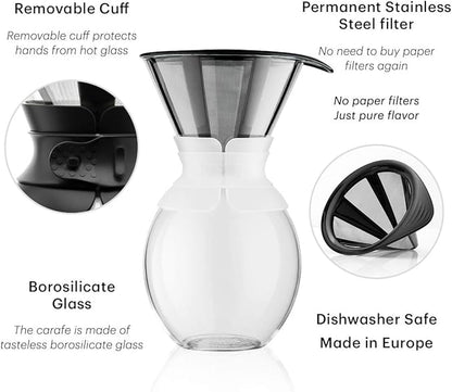 Bodum 51oz Pour Over Coffee Maker, High-Heat Borosilicate Glass with Reusable Stainless Steel Filter and Cork Grip - Made in Portugal