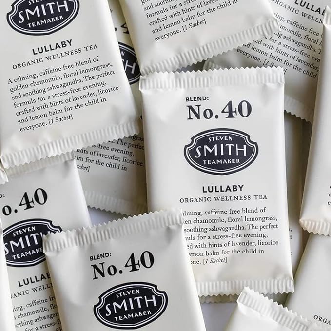 Steven Smith Teamaker Lullaby No. 40, Chamomile, Lemongrass, Lavender, Ashwagandha, Caffeine-Free, Organic Relaxing & Bedtime Wellness, Sugar-Free, Herbal Tea Bags, 100 Sachets, 0.95oz each