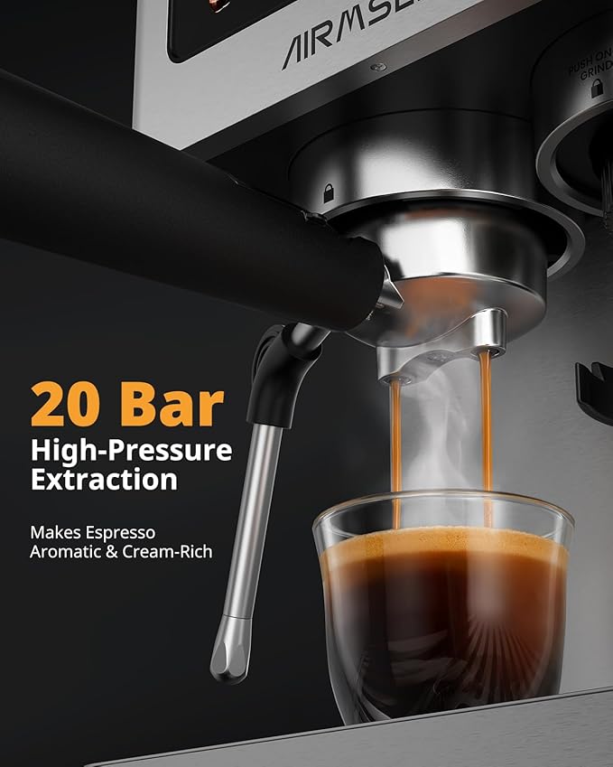 AIRMSEN Espresso Machines with Burr Grinder, 20 Bar, Milk Frother Steam Wand, Stainless Steel Coffee Maker for Home - Cappuccino Latte & Cold Brew Iced Coffee Maker & Americano