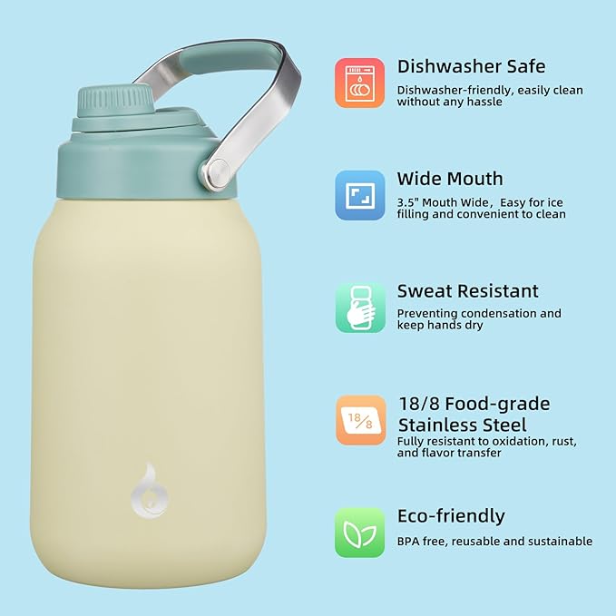 BJPKPK Half Gallon Insulated Water Bottles, 64oz Water Jug with Metal Handle & BPA Free Spout Lid, Dishwasher Safe Thermo, Large Stainless Steel Gym Sport Jugs, Chartreuse