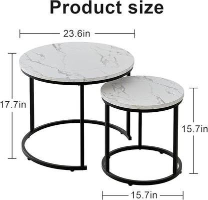 aboxoo Round Nesting Coffee Table Side Table Set of 2 End Tables for Living Room Bedroom Balcony, White Faux Marble Wooden Table Accent Coffee Table with Black Steel Frame