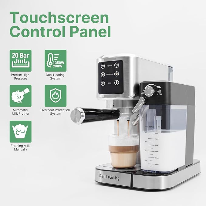Espresso Machine 20 Bar, Touchscreen Espresso Maker with Automatic Milk Frother for Cappuccino Latte, Expresso Coffee Machine for Home with Dual Heating System and Dual Pump