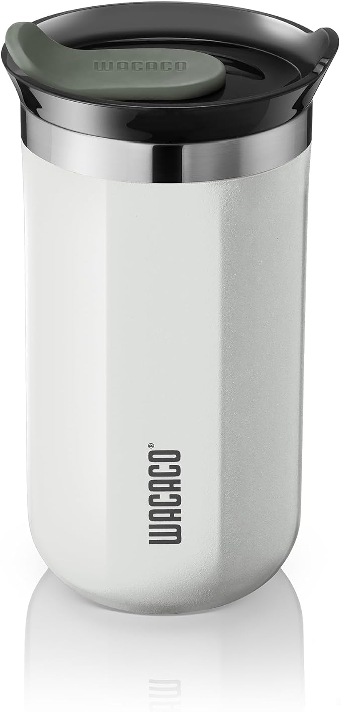 WACACO Octaroma Lungo Vacuum Insulated Coffee Mug, Double-wall Stainless Steel Travel Tumbler With Drinking Lid, 10 fl oz(300ml), Ceramic White