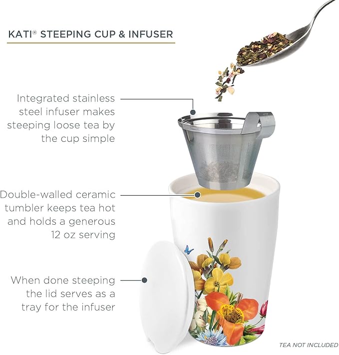 Tea Forte Jubilee Double-Walled Ceramic Kati Cup with Removable Stainless Steel Infuser Basket and Lid, Steeps 12 oz Loose Leaf Tea, Lid and Cup Dishwasher & Microwave Safe