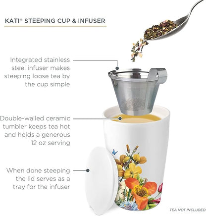 Tea Forte Jubilee Double-Walled Ceramic Kati Cup with Removable Stainless Steel Infuser Basket and Lid, Steeps 12 oz Loose Leaf Tea, Lid and Cup Dishwasher & Microwave Safe