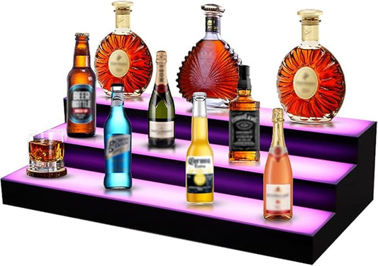 FAHKNS LED Lighted Liquor Bottle Display, 3 Tiers 24 Inch LED Liquor Shelves with RF Remote, Liquor Bottle Accessories Shelf for Home Bar, 16 Static Colors 4 Dynamic Mode