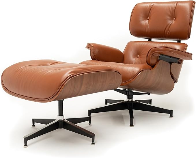 Top Black Grain Leather, Mid Century Chaise Lounge Chair and Ottoman, Modern Chair Classic Design, Heavy Duty Base Support for Living Room Study Lounge Office (Tall, Walnut-Brown)