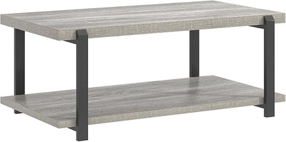 FOLUBAN Rustic Coffee Table, Modern Wood Center Table for Living Room, Industrial 2 Tier Rectangle Low Cocktail Tea Table with Storage Shelf, Light Grey
