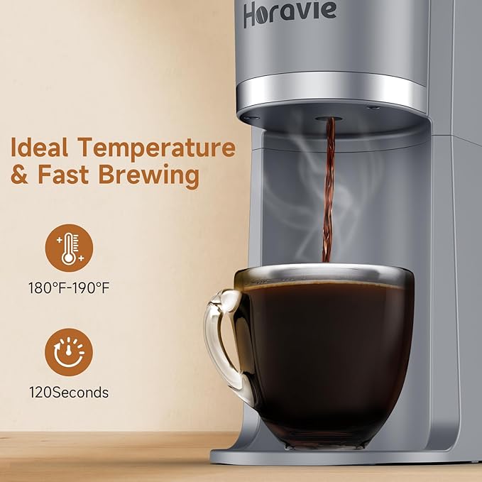 Small Single Serve Coffee Maker, Fast Brew One Cup Coffee Machine for K Cup and Grounds, 6 to 12 oz. Brew Sizes, Capsule Coffee Machine with Descaling Reminder and Viewing Tank, Grey