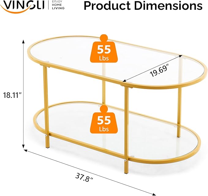 VINGLI 38" Oval Coffee Table, Transparent Glass Metal Coffe Table for Home Decor, Modern Center Table with 2-Tier Storage, Long Coffee Tables for Living Room, Office, Small Space, Champagne Gold