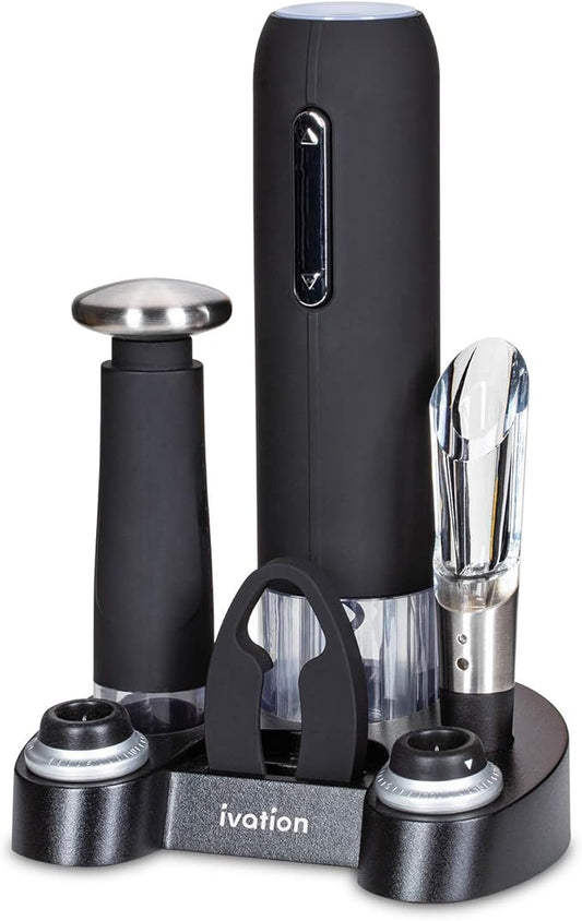 Ivation Wine Gift Set – Includes Electric Opener, Aerator, Vacuum Preserver, 2 Stoppers, Foil Cutter & Charging Base