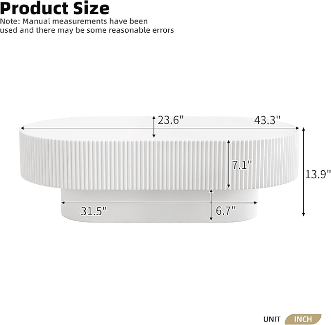 43.3 Inch Oval Drum Coffee Table, Modern Handcraft Fluted Drum Coffee Table, Wooden Oval Center Table Cocktail Table with Stable Pedestal for Living Room Apartment (White)