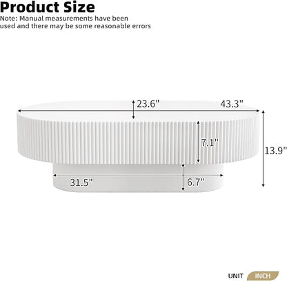 43.3 Inch Oval Drum Coffee Table, Modern Handcraft Fluted Drum Coffee Table, Wooden Oval Center Table Cocktail Table with Stable Pedestal for Living Room Apartment (White)