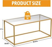 Tempered Glass Coffee Table - Minimalist Center Table for Living Room, Office - Modern Top With Sturdy Metal Frame & Open Storage - Easy Assembly, Gold