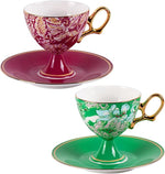 Load image into Gallery viewer, KAMMAK Ceramic Coffee Cups and Saucers Set of 2, Porcelain Espresso Cups with Saucers, 7.7 oz Handcrafted Ceramic Floral Coffee and Tea Cup, Vintage Drinkware for Tea Party, Office, Women Gifts