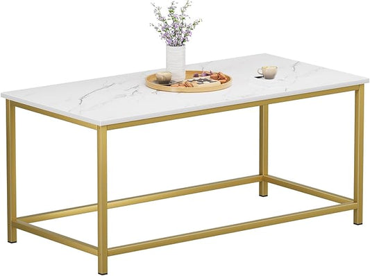 SAYGOER White Faux Marble Coffee Table Simple Modern Rectangular Coffee Tables Open Design Minimalist Center Table for Living Room Office, 39.37 x 19.69 x 17.72, White Gold