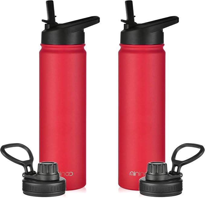 mininoo 24 oz Insulated Water Bottle with Straw Lid, Stainless Steel Double Wall Vacuum, Leak Proof, BPA Free, Keep Cold for 24H & Hot for 12H-2 pack(Red)