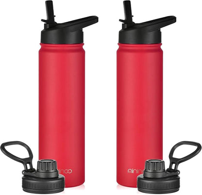 mininoo 24 oz Insulated Water Bottle with Straw Lid, Stainless Steel Double Wall Vacuum, Leak Proof, BPA Free, Keep Cold for 24H & Hot for 12H-2 pack(Red)