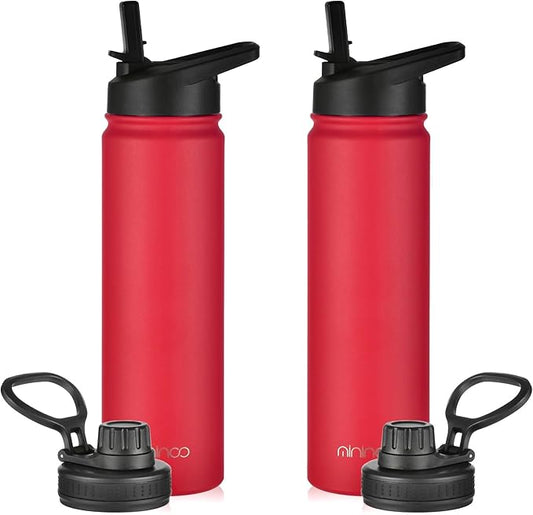 mininoo 24 oz Insulated Water Bottle with Straw Lid, Stainless Steel Double Wall Vacuum, Leak Proof, BPA Free, Keep Cold for 24H & Hot for 12H-2 pack(Red)