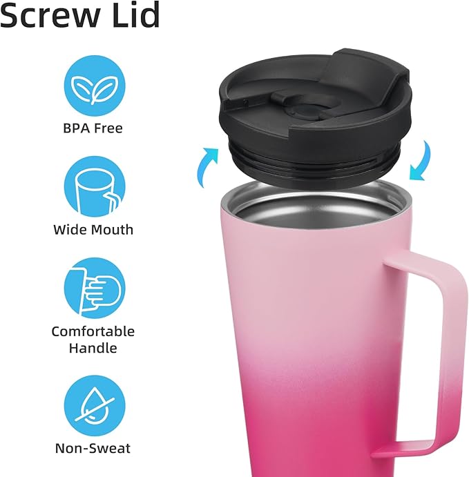 Insulated Tumbler with Handle and Straw, 18 OZ Travel Coffee Mug Stainless Steel Cup Metal Water Bottle,Cherry