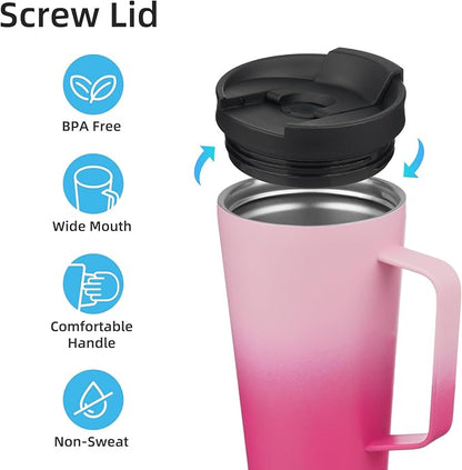 Insulated Tumbler with Handle and Straw, 18 OZ Travel Coffee Mug Stainless Steel Cup Metal Water Bottle,Cherry