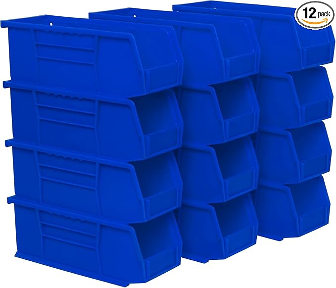 Akro-Mils 30224 AkroBins Plastic Storage Bins, Space-Saving Stackable Bins for Garage, Pantry, Craft Organization, 11" L x 4" W x 4" H, Blue, 12-Pack