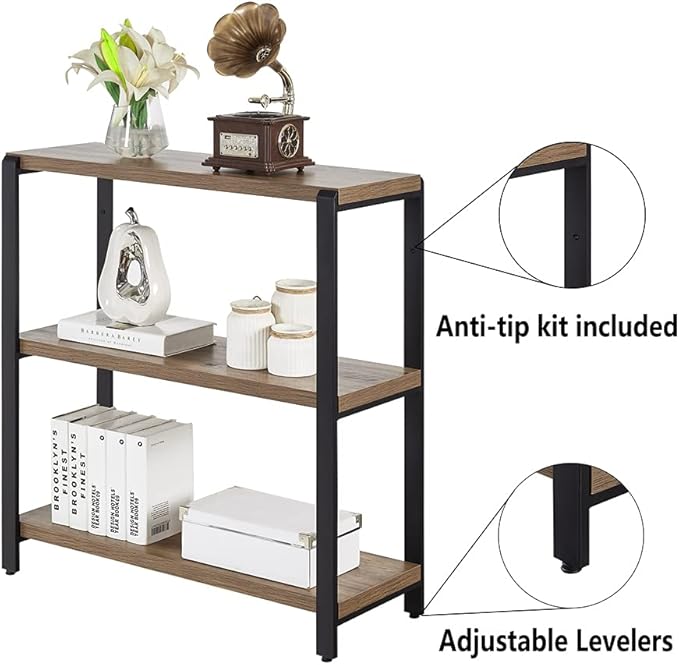 FOLUBAN 3 Tier Bookshelf, Industrial Bookcase and Book Shelves for Bedroom, Rustic Wood and Metal Book Case for Office, Oak