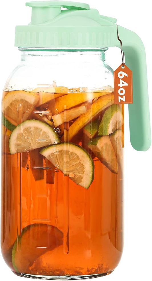 Glass Pitcher with Lid, 64 OZ Mason Jar Pitcher Double Leak Proof, 2 Quart Breast Milk Storage Containers for Fridge, Wide Mouth Glass Jar for Sun Tea, Juice, Cold Brew Coffee