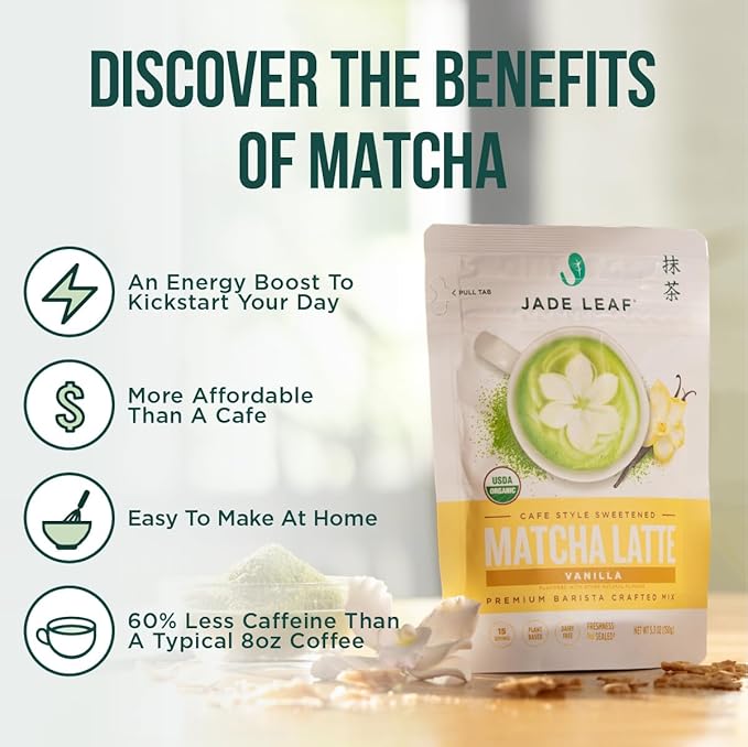 Jade Leaf Matcha Organic Cafe Style Vanilla Matcha Latte Green Tea Powder, Premium Barista Crafted Mix, Authentically Japanese, 15 Servings (5.3 Ounces)