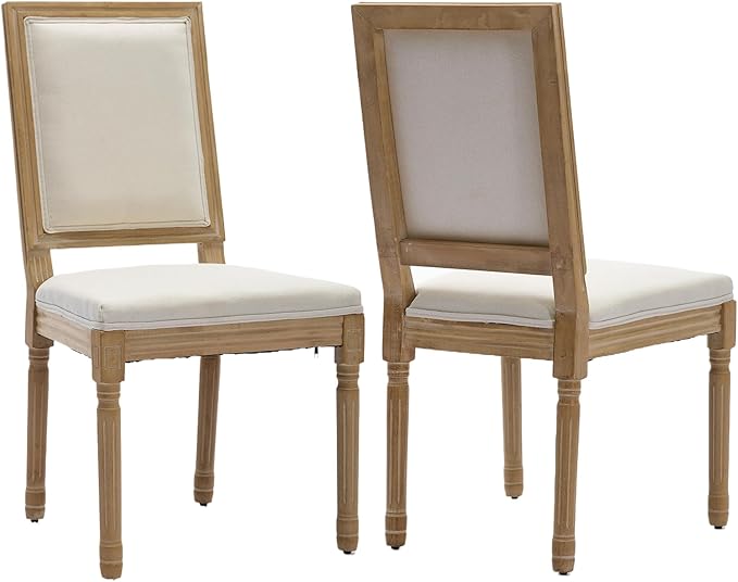 Vintage French Country Dining Chairs Set of 2, Linen Fabric Dining Chair with a Square Back, Beige Upholstered Dining Chairs, Sillas para Comedor, Kitchen & Dining Room Chair (Beige, Linen, 2Pcs)