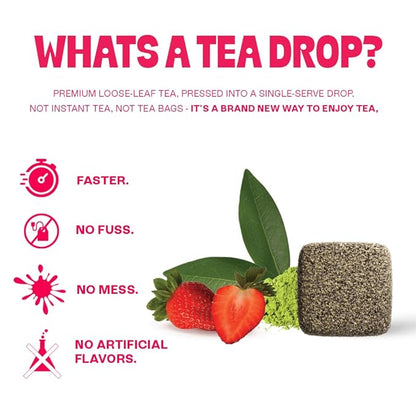 Tea Drops 30 Bulk Pack Organic Strawberry Matcha Bagless Tea - Loose Leaf, Lightly Sweetened, On-The-Go. Plastic-Free - Iced or Hot