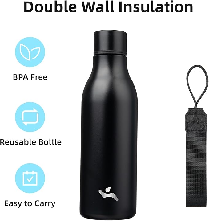Insulated Water Bottle with Strap,18 oz Double Wall Stainless Steel Vacuum Bottles Metal Water Flask,Black