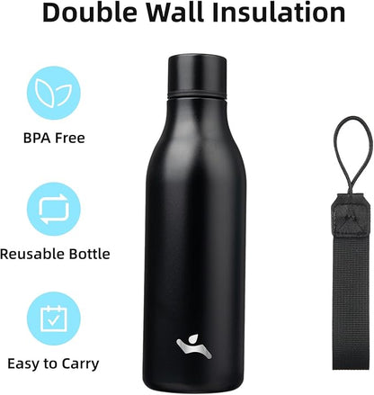 Insulated Water Bottle with Strap,18 oz Double Wall Stainless Steel Vacuum Bottles Metal Water Flask,Black