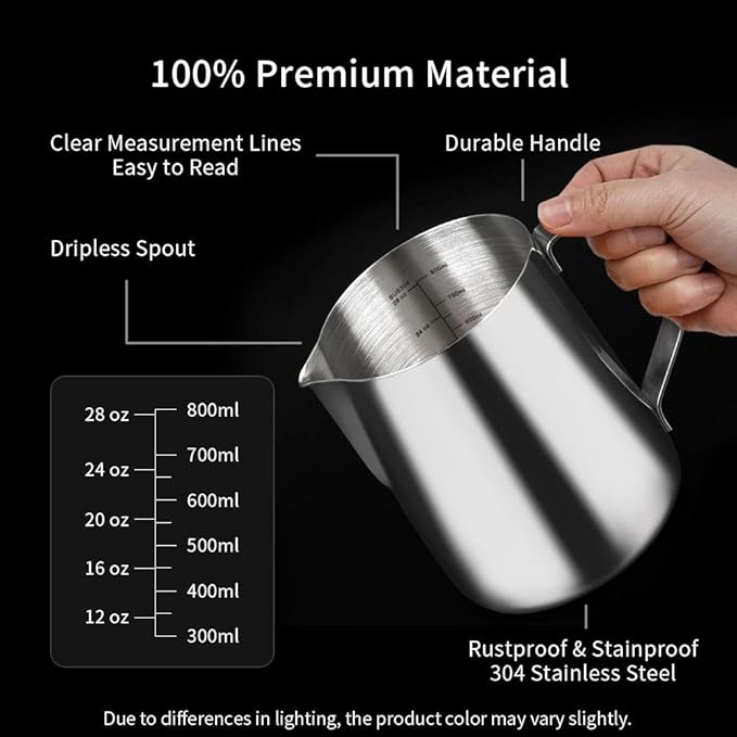 watchget Milk Frothing Pitcher 32oz/900ml - Stainless Steel Frothing Pitcher Espresso Steaming Pitcher Coffee Frother Cup Cappuccino Latte Art Coffee Machine Accessories Milk Jug, Silver