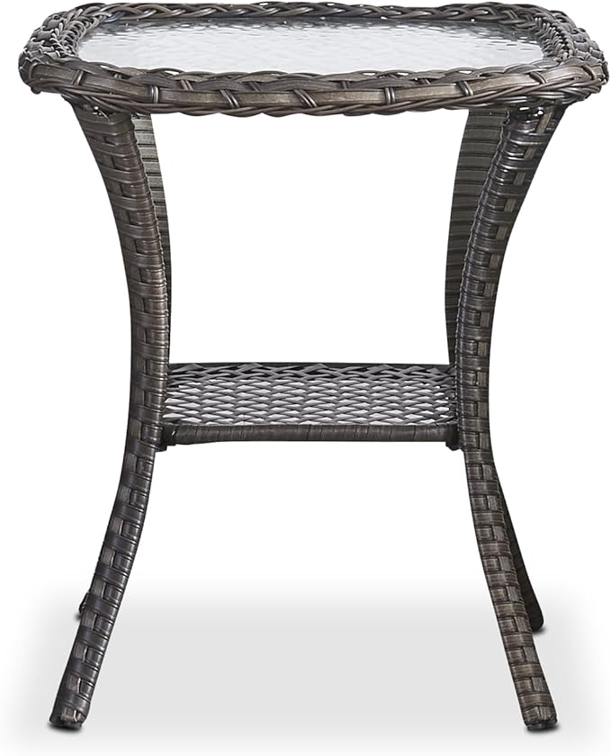 HUMMUH Patio Wicker Side Table Outdoor, Rattan End Table Glass Top Coffee Table with Storage Grey